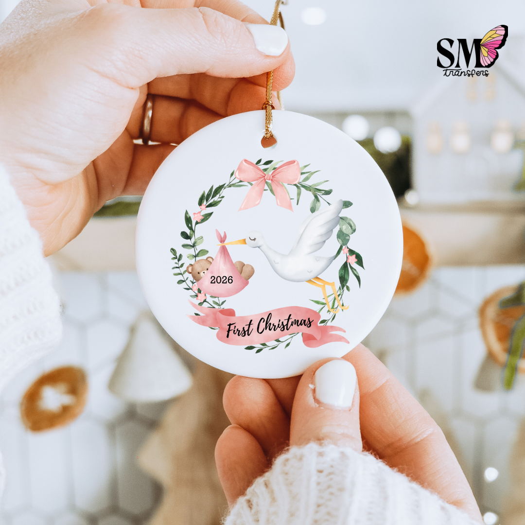 First Christmas 2026 Pink Stork - Ornament Decal