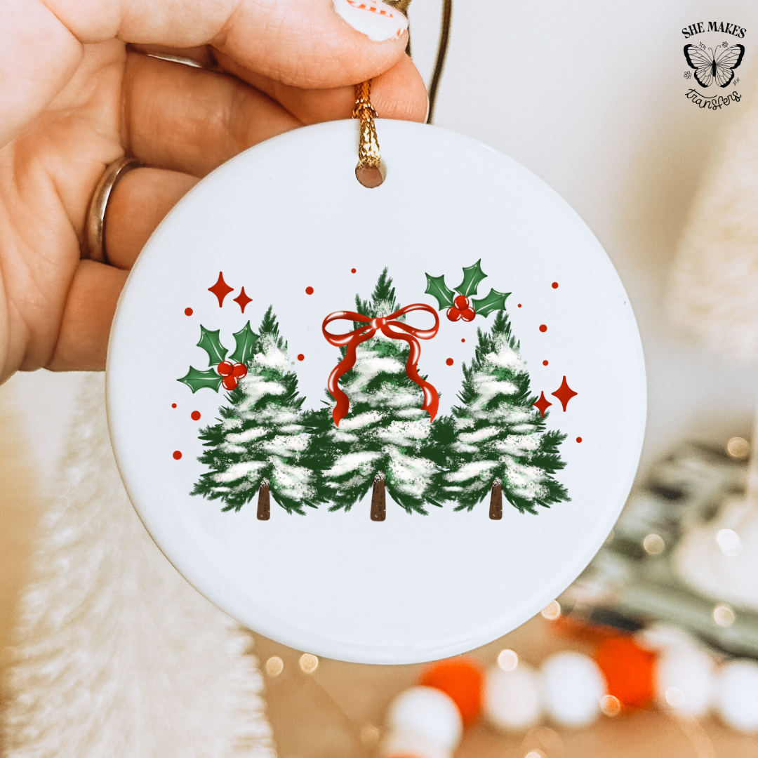 Holly Trees And Red Bow - Ornament Decal