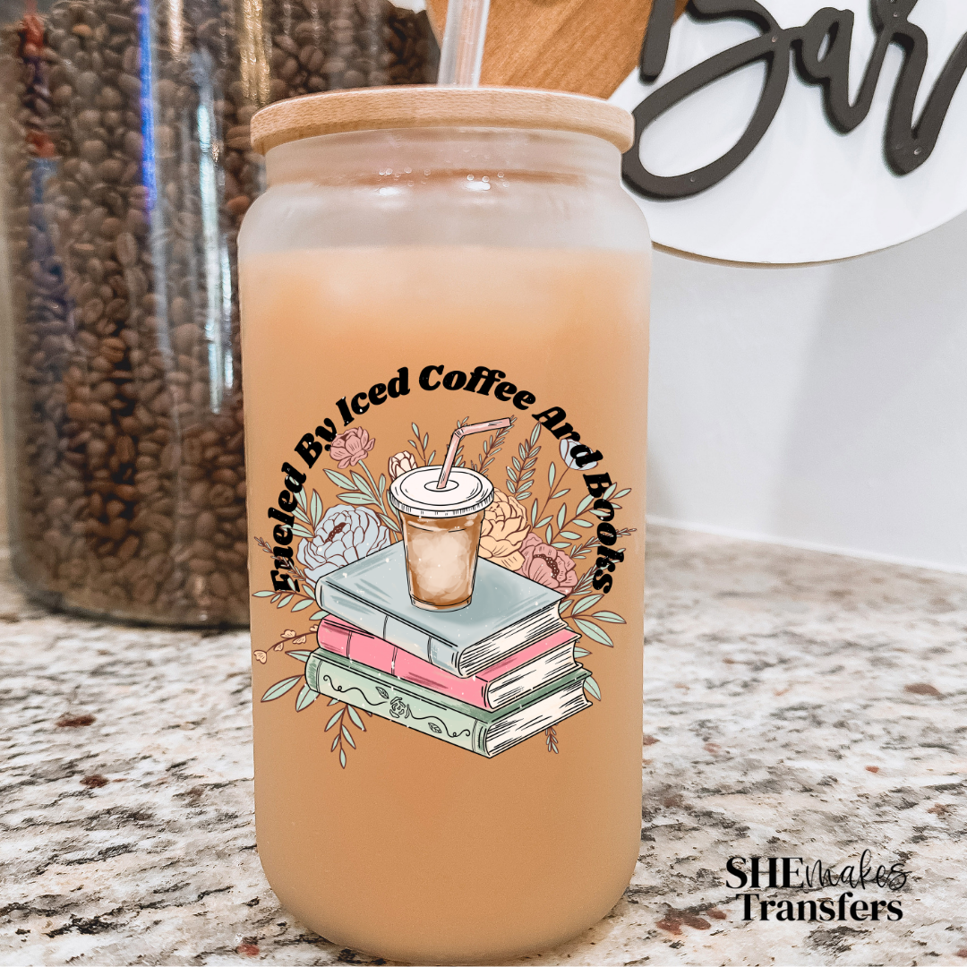 Fueled by iced coffee and books cup decal
