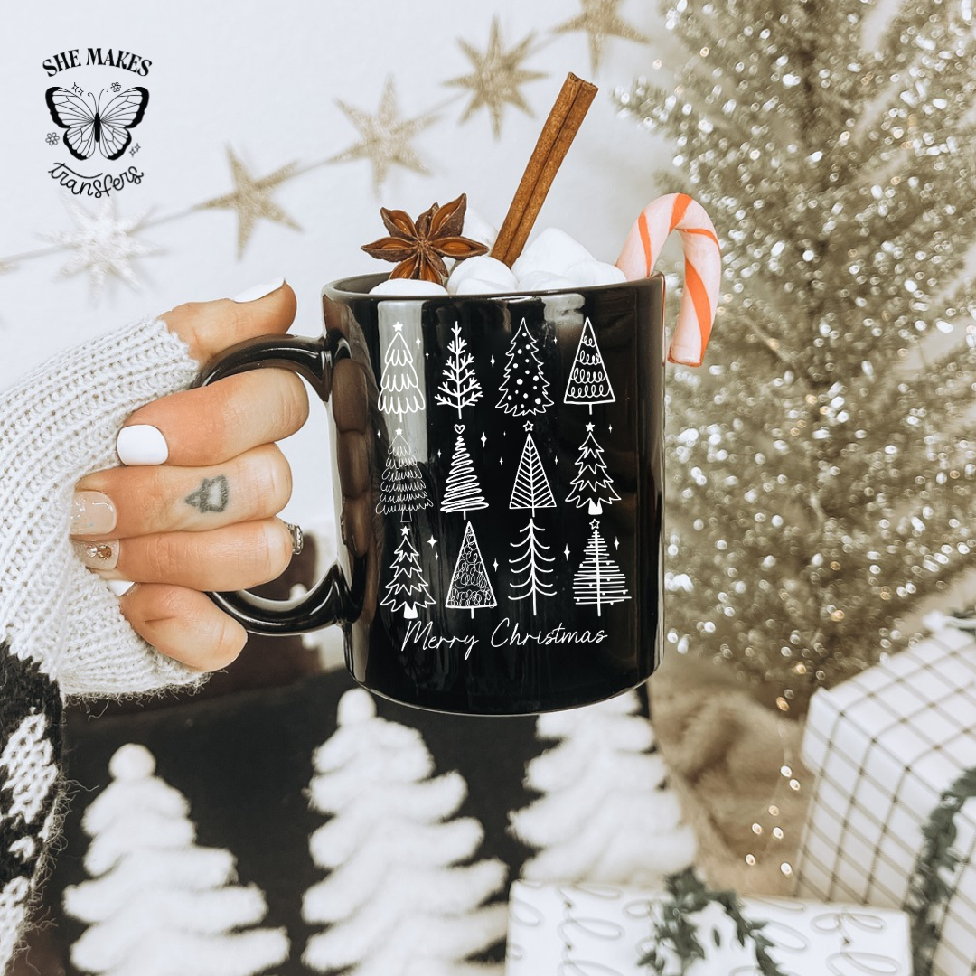 White Merry Christmas Trees - Cup Decal