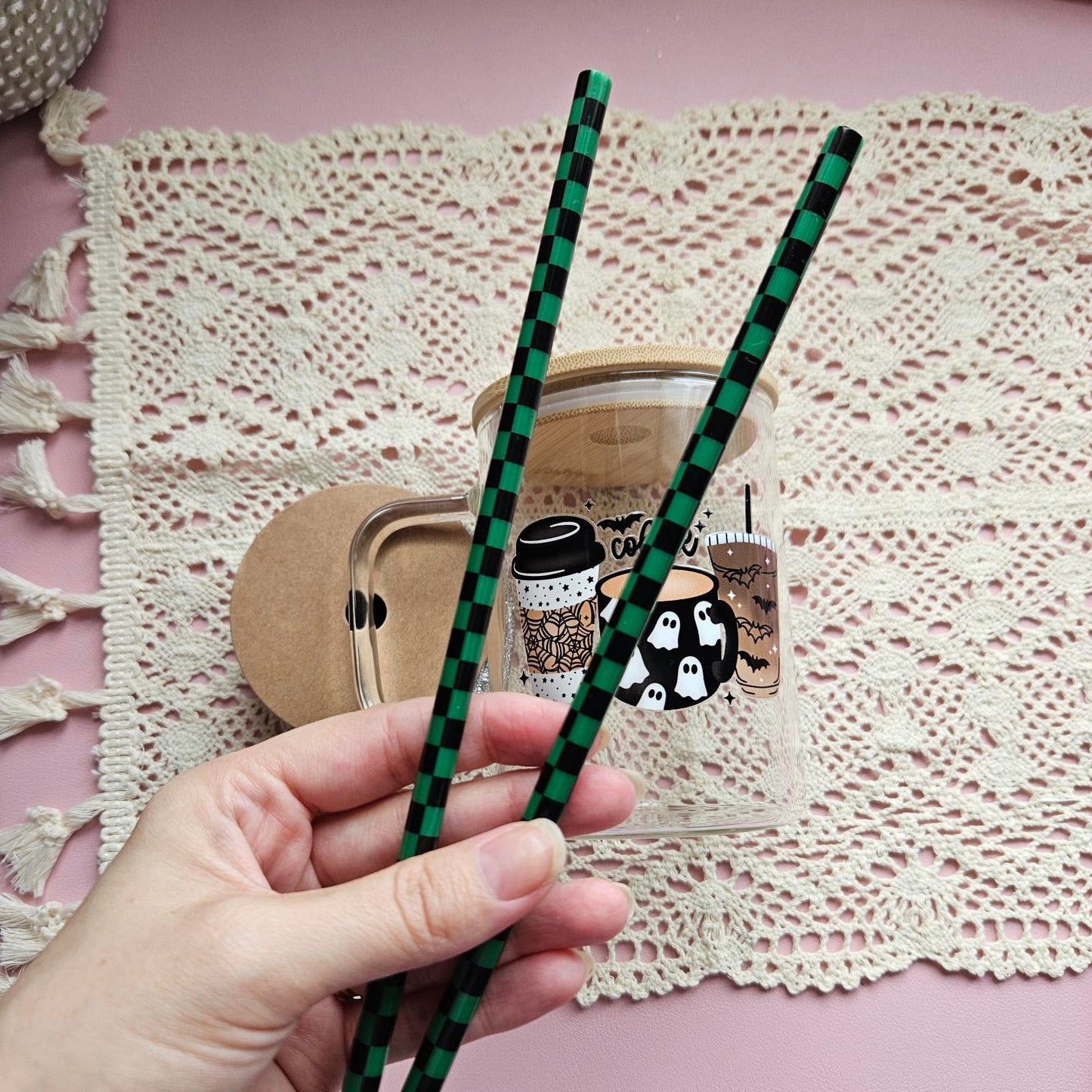 Green and Black Checkered - Regular Size Straw