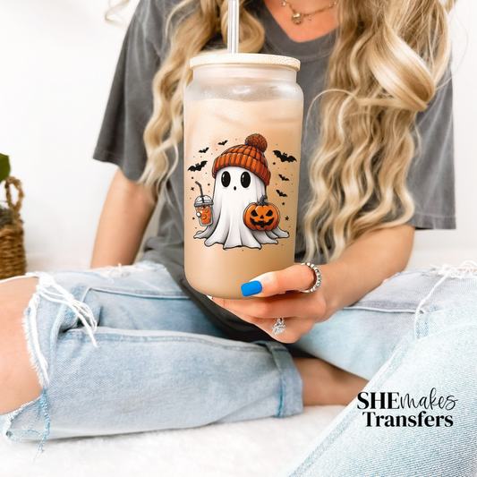 Iced coffee drinking ghost cup decal