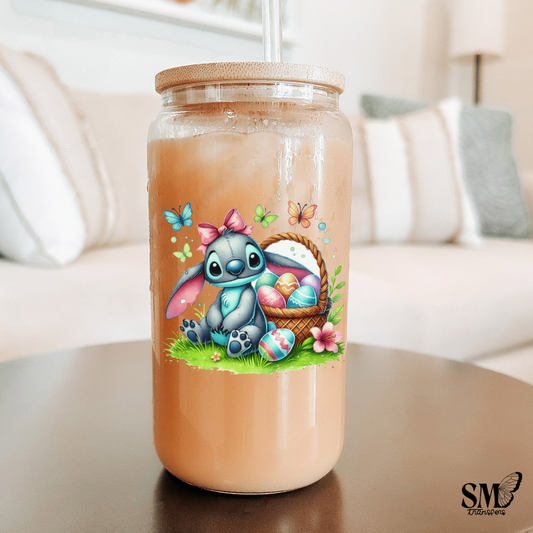 Big Blue Eared Cartoon With Easter Egg Basket- cup decal