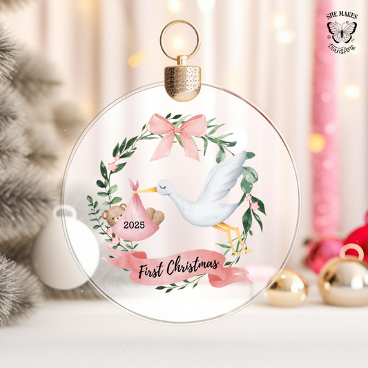 First Christmas Pink Floral Wreath  - Ornament Decal