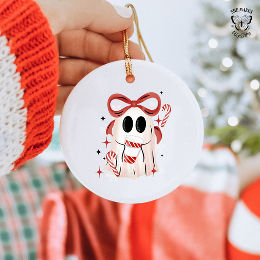 Coquette Red Candy Cane Ghost - Ornament Decal