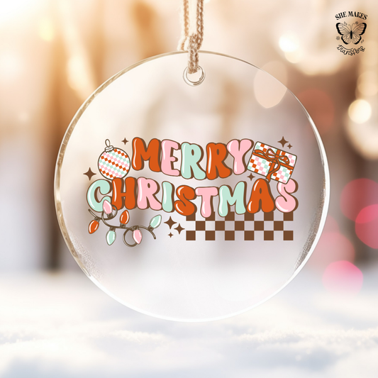 Soft Mint Checkered Merry Christmas - Ornament Decal