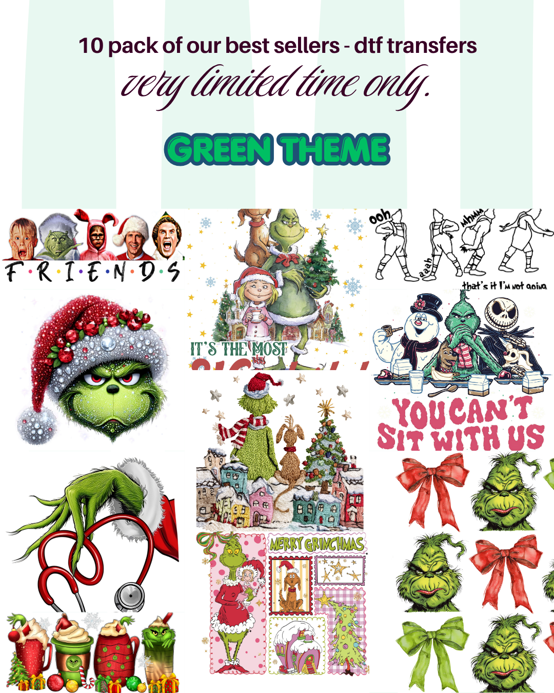 10 Pack of DTF Transfers - GREEN THEME